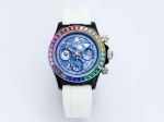 Rolex Daytona 43mm Quartz Movement Mineral Glass Rubber Band Rainbow Bezel Lume Watch